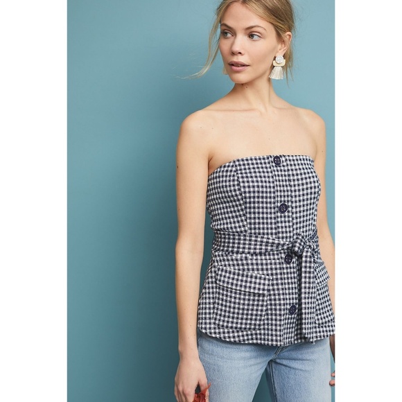 Eva Franco Anthropologie Strapless Gingham Belted Button Front Top - Picture 5 of 6